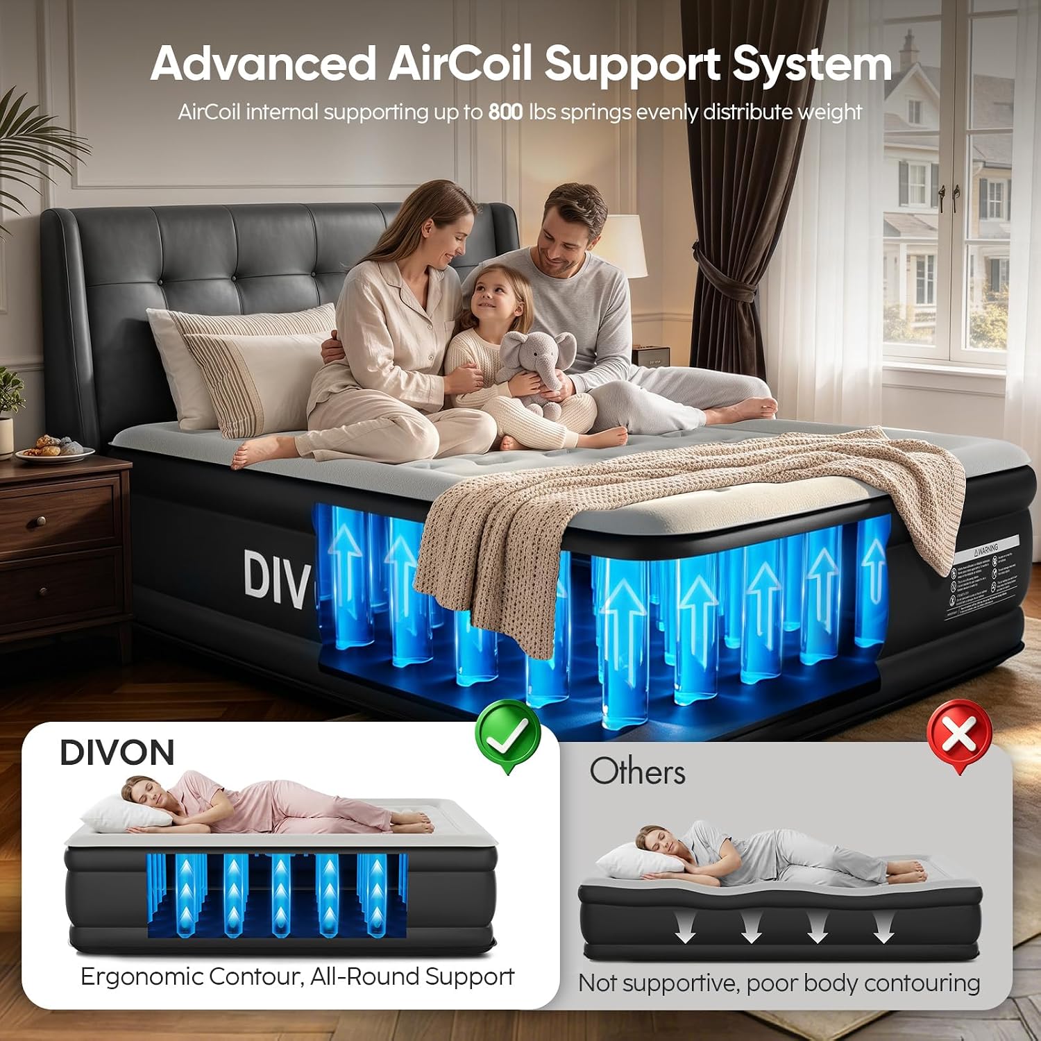 DIVON queen air mattress internal support presentation