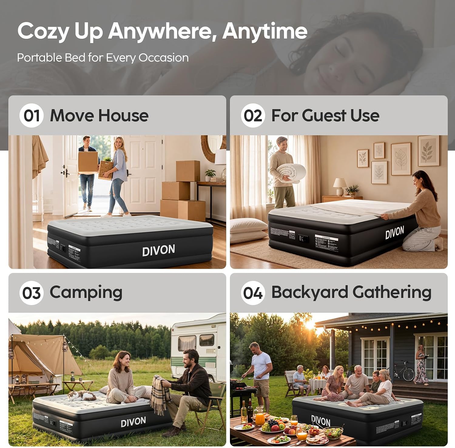 DIVON queen air mattress moving, guest, camping and backyard use contexts