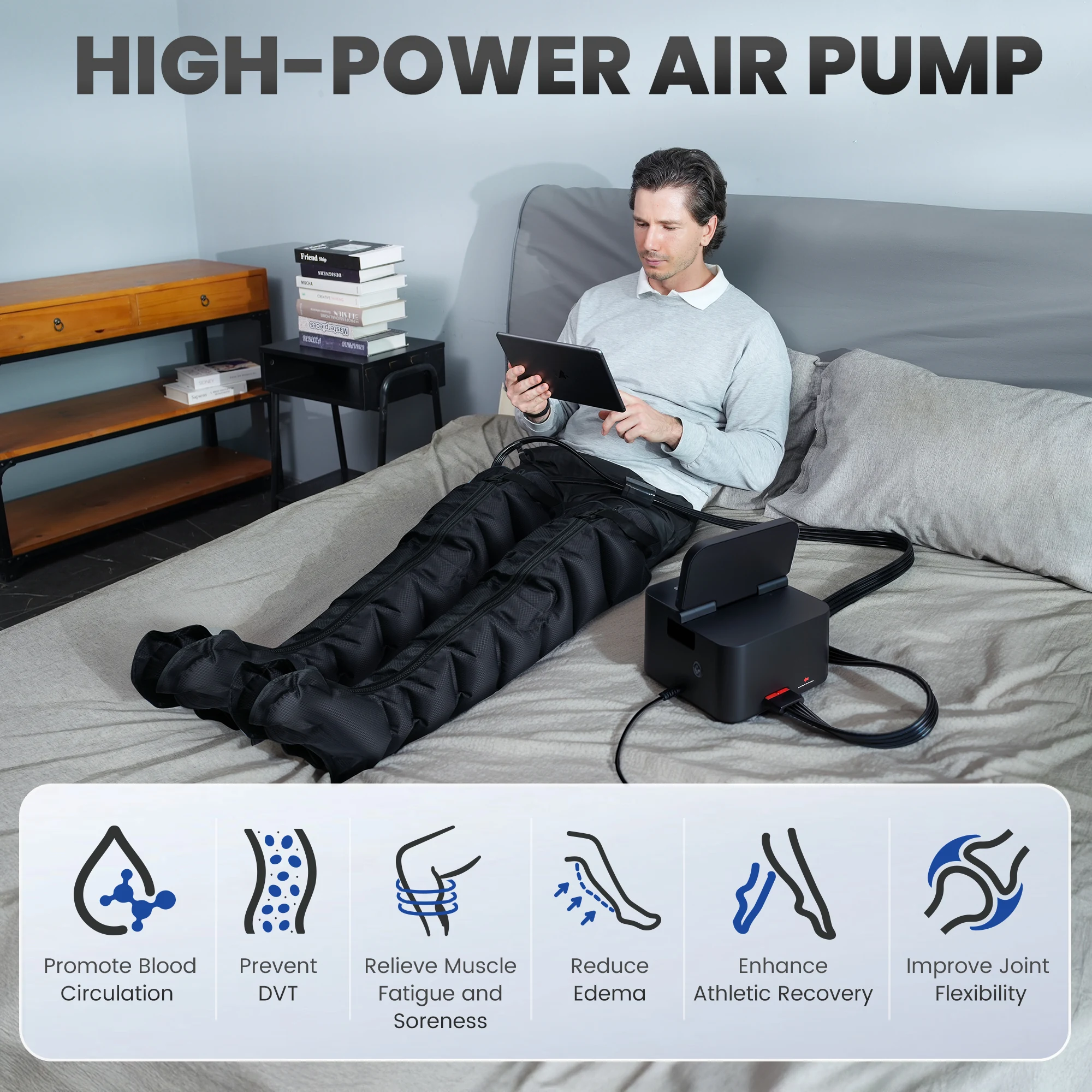 Person wearing the sleeves while seated on a bed