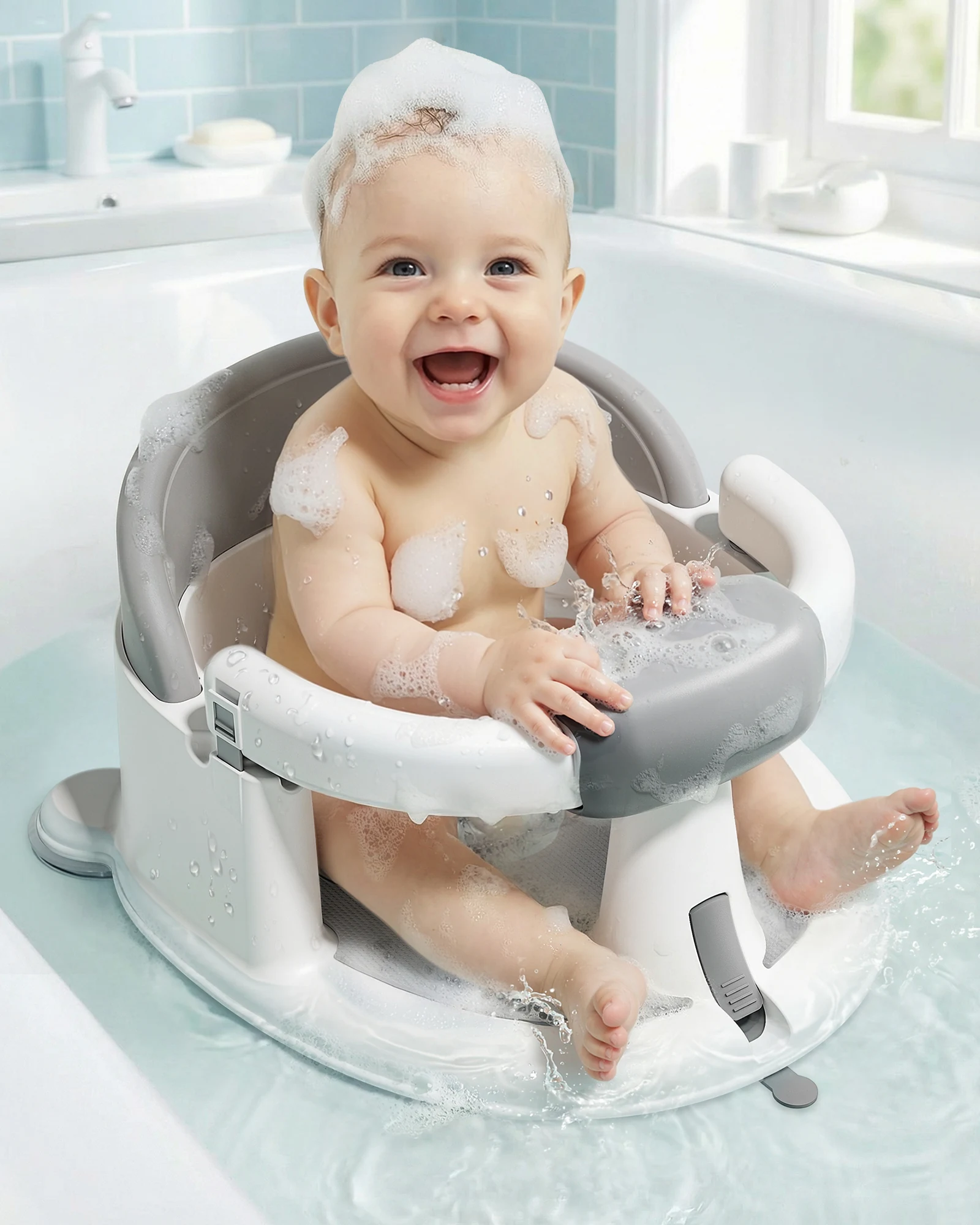 Baby in the bath seat, bathroom setting