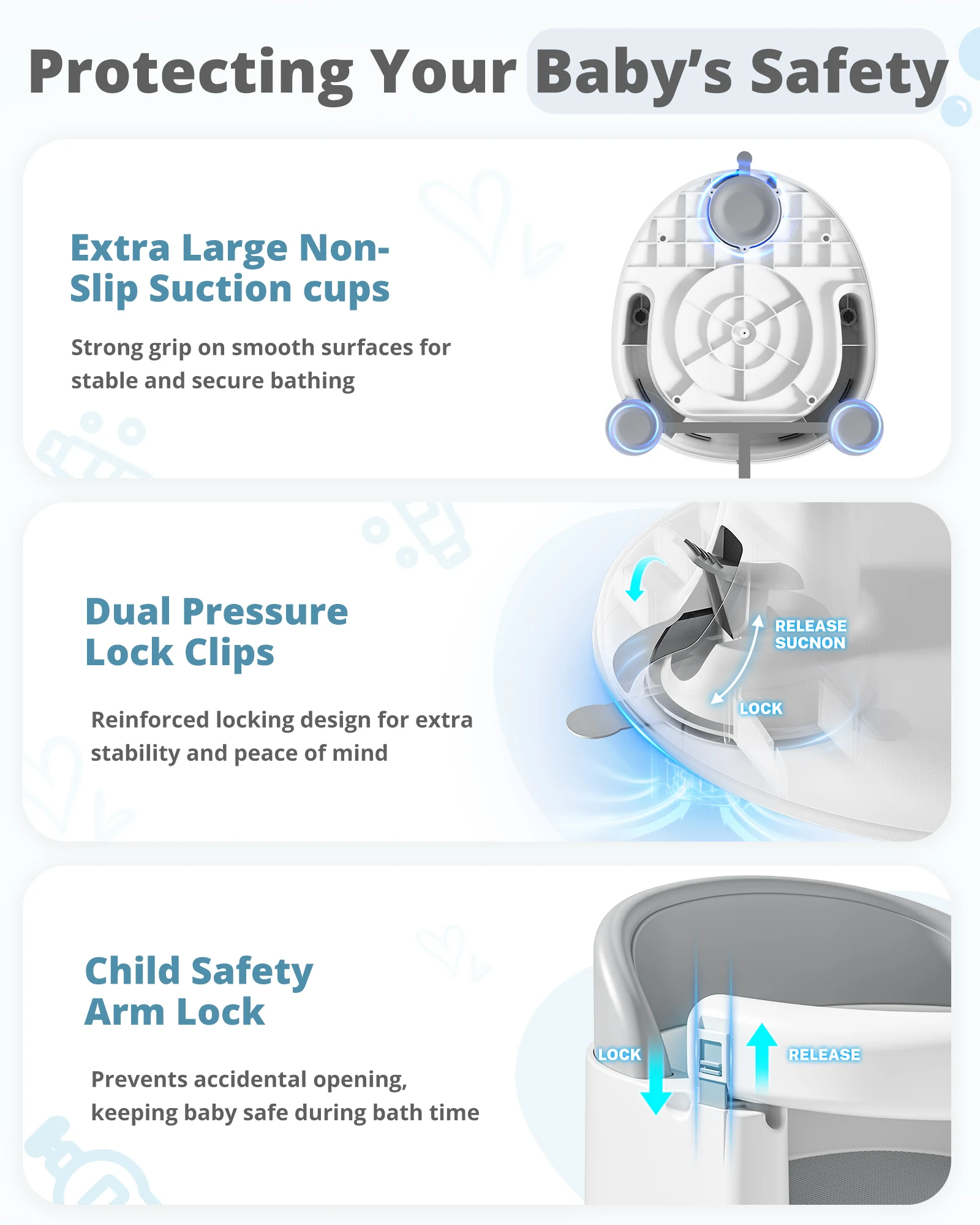 Suction cup, clips and arm-lock detail artwork