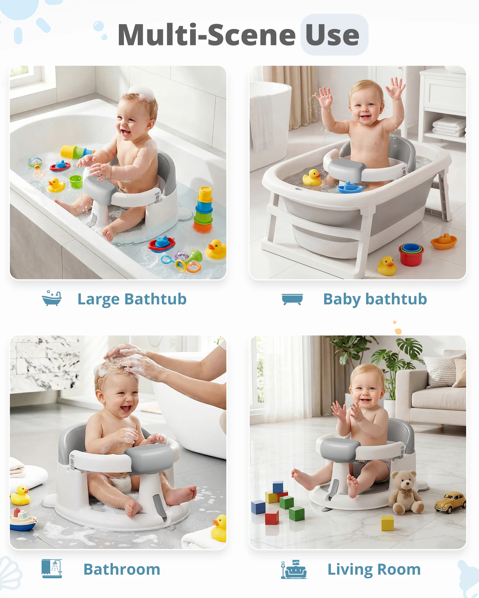 Four illustrated indoor use settings