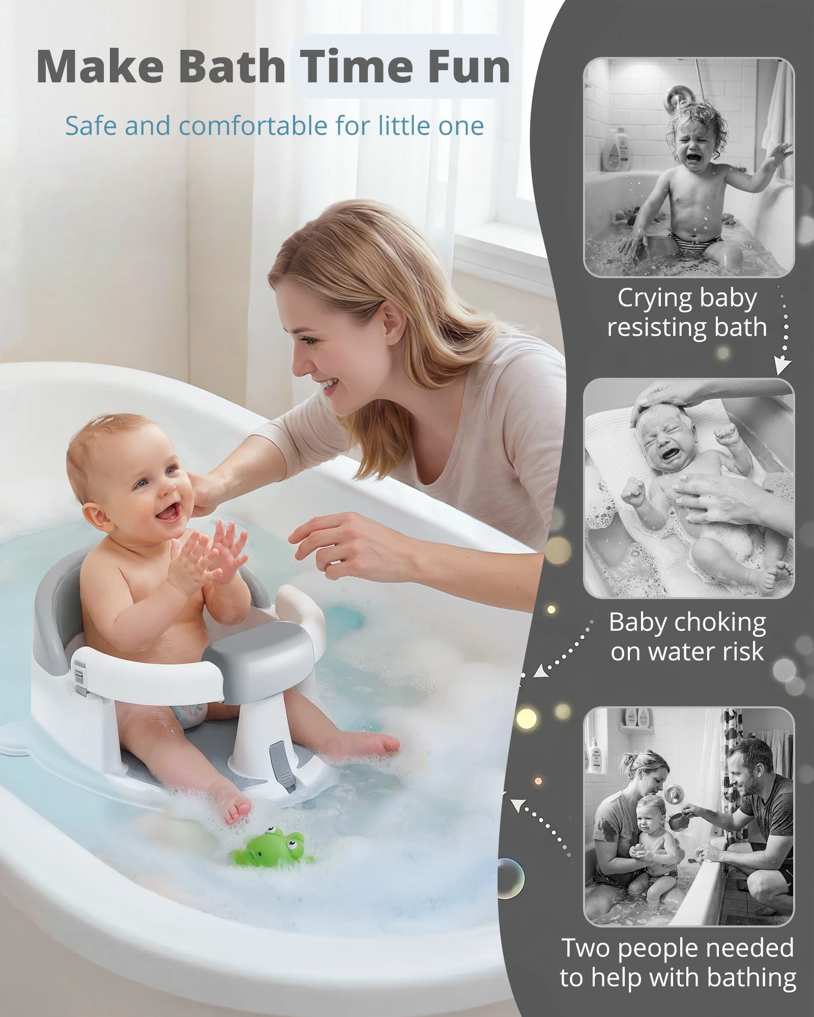 Adult and baby bath scene with comparison artwork
