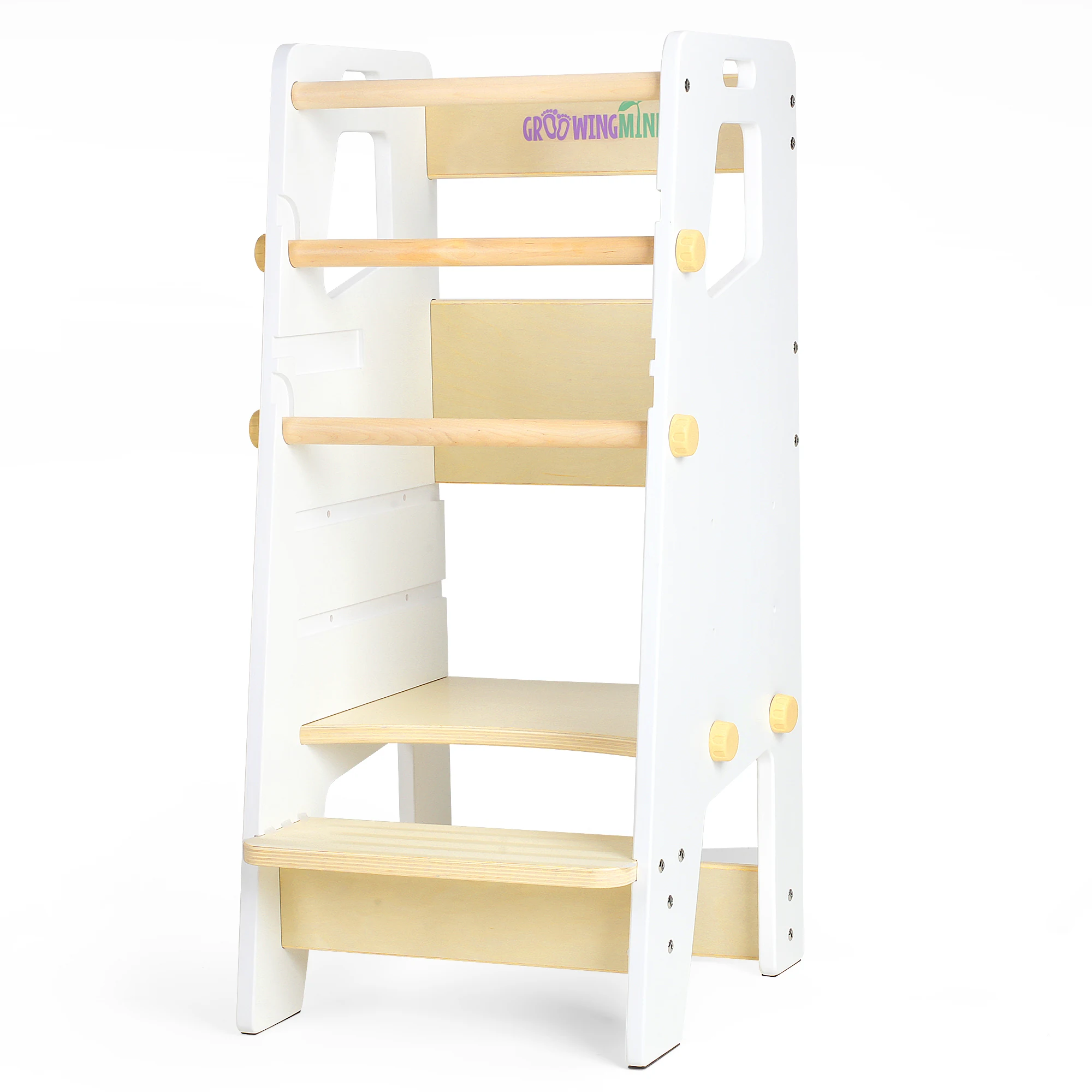 White-and-natural-wood toddler tower on a white background