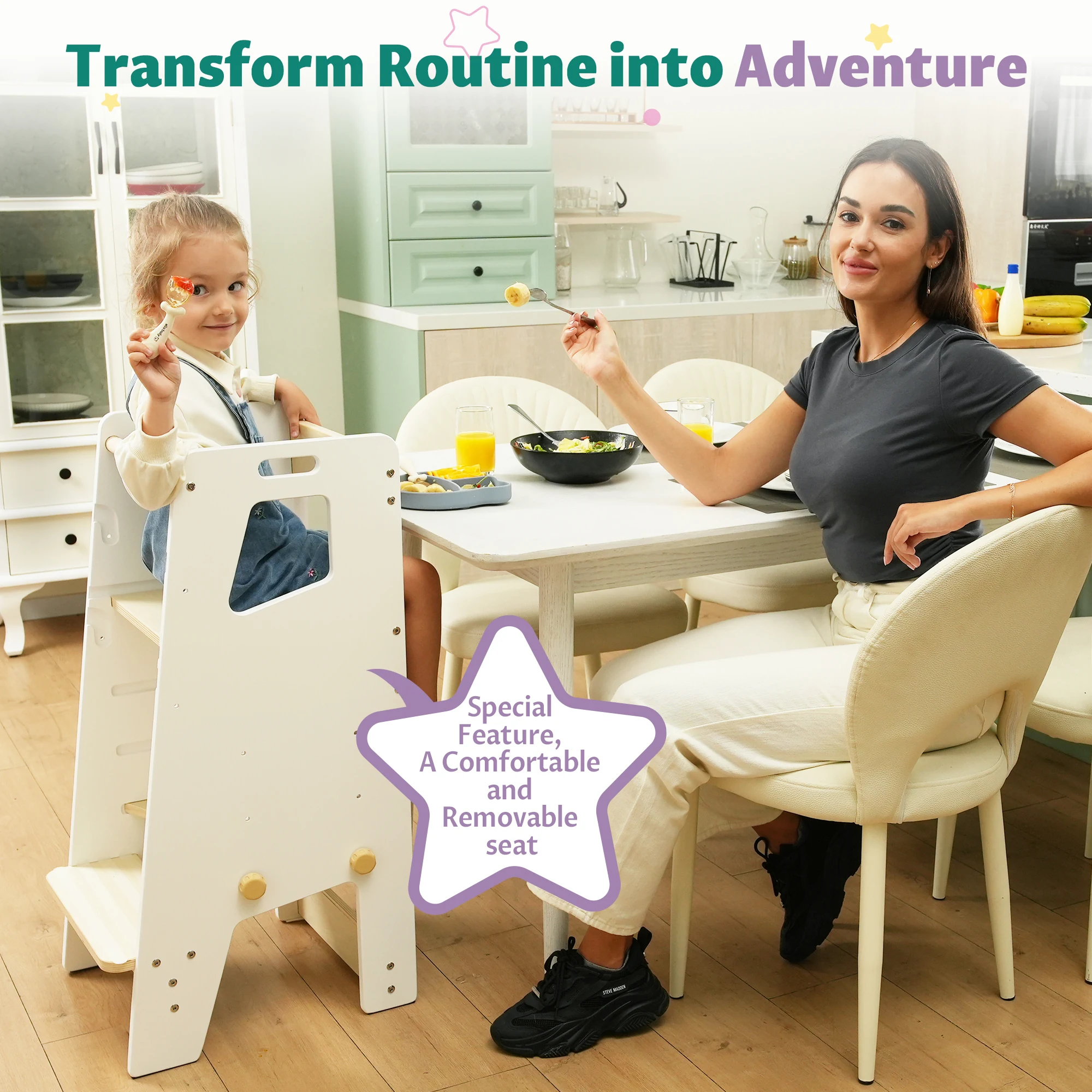 Wider seated configuration with an adult at the table