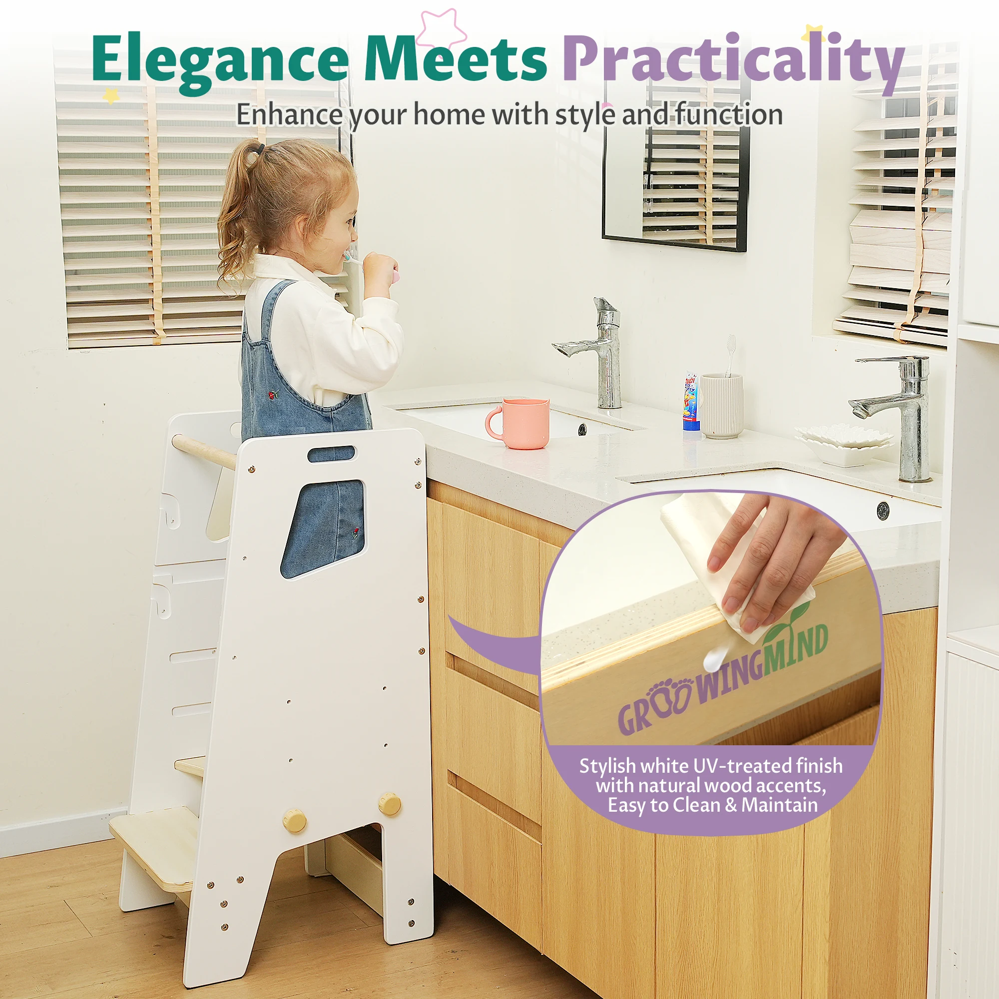 Bathroom use scene and surface-cleaning detail