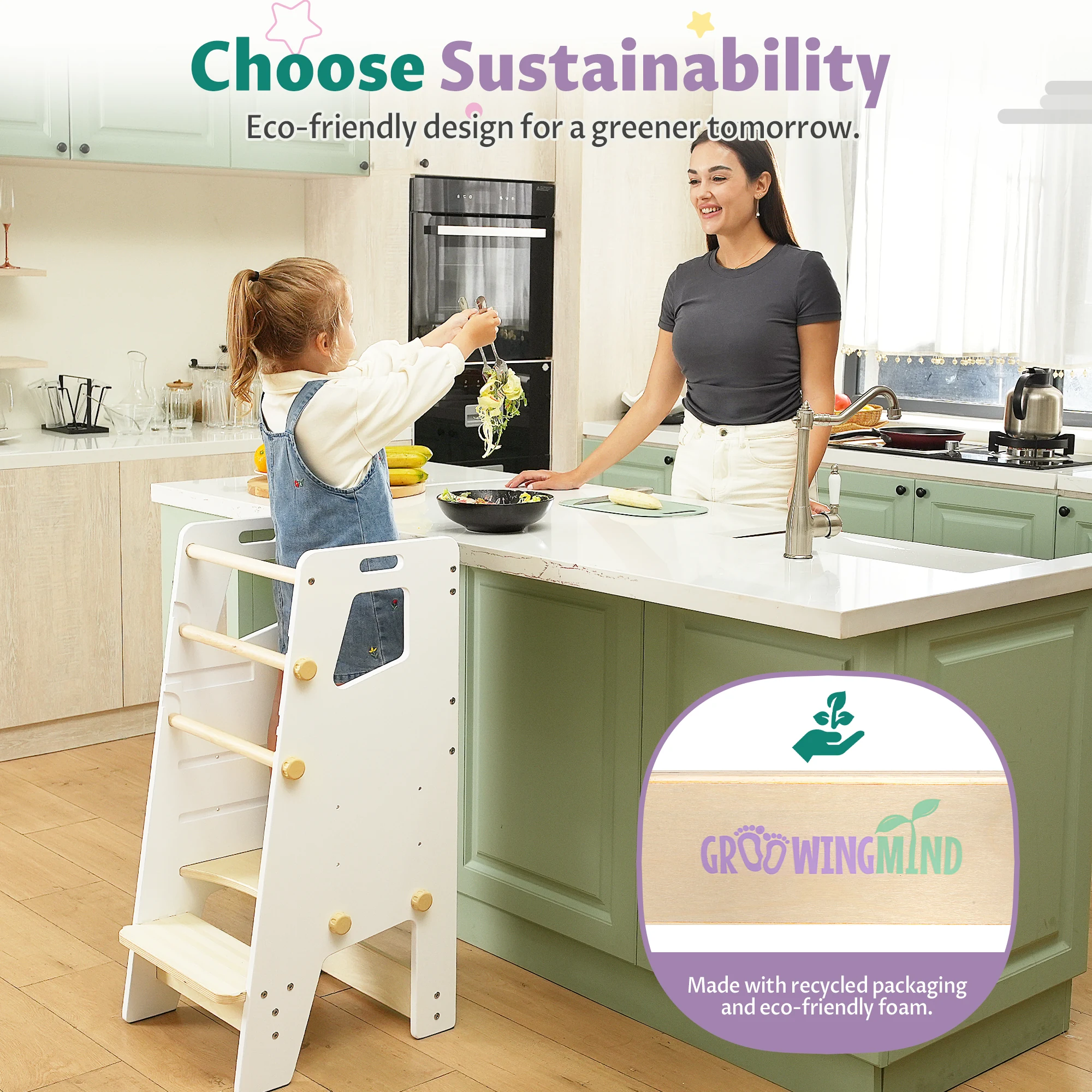 Kitchen use scene and packaging-related artwork